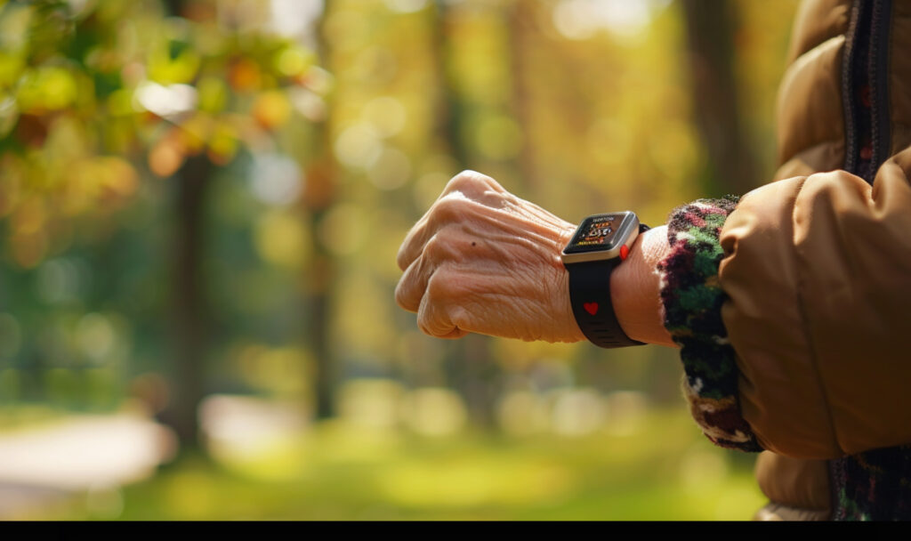James B8 Notfalluhr Symbolbild James B8 Notfalluhr. Ältere Person mit moderner Notrufuhr am Handgelenk beim Spaziergang im Park. Die runde Uhr mit rotem SOS-Knopf steht für Sicherheit und Selbstbestimmung im Alltag. Bild erstellt mit KI