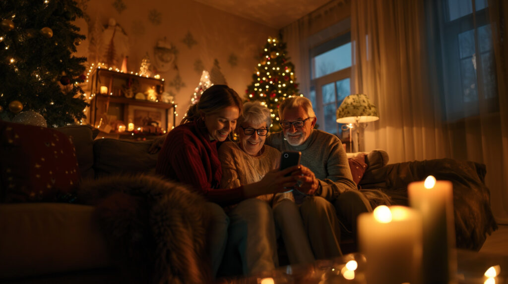 Seniorenhandy mit WhatsApp – festliche Top-Empfehlung 2025 KI-generiertes Bild: Tochter richtet zu Weihnachten ein Seniorenhandy mit WhatsApp für ihre Eltern ein – festlich geschmücktes Wohnzimmer, warme Lichter, familiäre Stimmung.